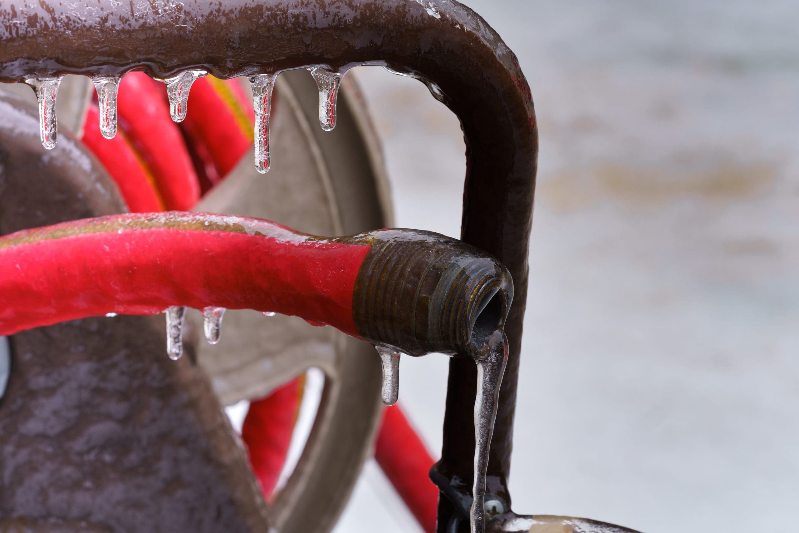 Ice encrusted garden hose is a common winter plumbing problem